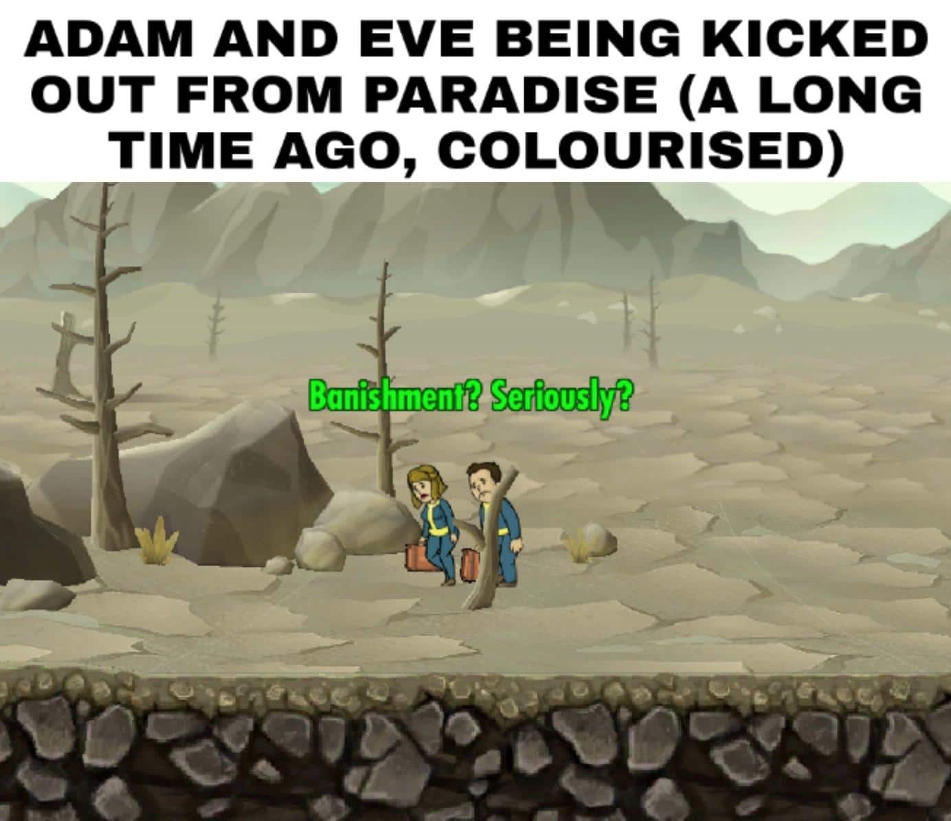 christian christian-memes christian text: ADAM AND EVE BEING KICKED OUT FROM PARADISE (A LONG TIME AGO, COLOURISED) 