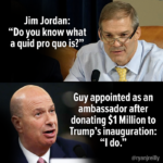 political-memes political text: Jim Jordan: "Do you know what a quid pro quo is?" Guy appointed as an ambassador after donating $1 Million to Trump