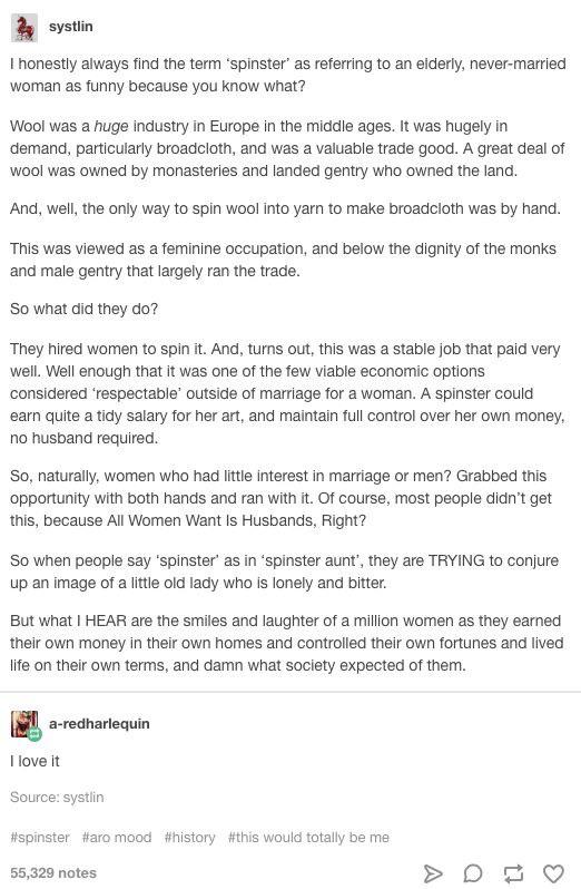 women feminine-memes women text: systlin I honestly always find the term 'spinster' as referring to an elderly, never-married woman as funny because you know what? Wool was a huge industry in Europe in the middle ages. It was hugely in demand, particularly broadcloth, and was a valuable trade good. A great deal of wool was owned by monasteries and landed gentry who owned the land. And, well, the only way to spin wool into yarn to make broadcloth was by hand. This was viewed as a feminine occupation, and below the dignity of the monks and male gentry that largely ran the trade. So what did they do? They hired women to spin it. And, turns out, this was a stable job that paid very well. Well enough that it was one of the few viable economic options considered 'respectable' outside of marriage for a woman. A spinster could earn quite a tidy salary for her art, and maintain tull control over her own money, no husband required. So, naturally, women who had little interest in marriage or men? Grabbed this opportunity with both hands and ran with it. Of course, most people didn't get this, because All Women Want Is Husbands, Right? So when people say 'spinster' as in 'spinster aunt', they are TRYING to conjure up an image of a little old lady who is lonely and bitter. But what I HEAR are the smiles and laughter of a million women as they earned their own money in their own homes and controlled their own fortunes and lived lite on their own terms, and damn what society expected of them. a-redharlequin I love It Source: systlin Mspinster #aro mood 