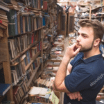 Man thinking in library Stock Photo meme template blank  Thinking, Library, Books, Stock photo