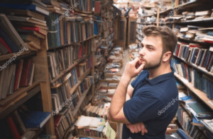 Man thinking in library Stock Photo meme template