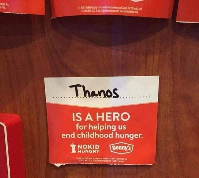 thanos avengers-memes thanos text: ISA HERO for helping us end childhood hunger. NOKID oennys HUNGRY' 