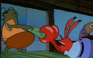 Mr. Krabs holding onto dollar, getting dragged Old meme template