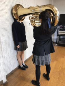 Girl putting tuba on girls face Vs meme template