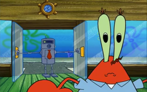 Robot Coming Behind Mr. Krabs Door meme template