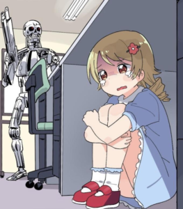 Anime girl hiding from Terminator IRL meme template