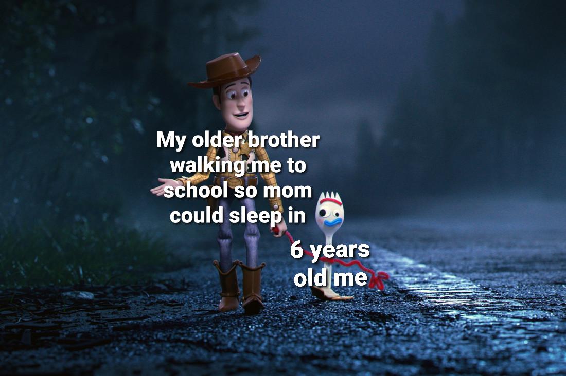 Wholesome, Cute, Family, Forky, Toy Story, Woody wholesome-memes cute text: My oldepbrother walkikghe to om could slee in 6 y ars ol@e 