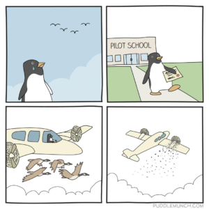 Penguin learning to fly comic Lying meme template