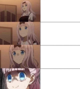 Pink haired anime girl reacting Worried meme template