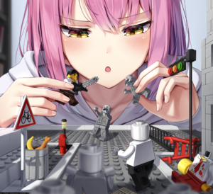 Anime girl playing with LEGO Zombie meme template