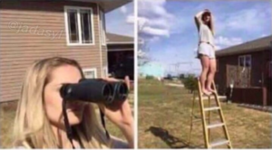 Woman looking with binoculars IRL meme template