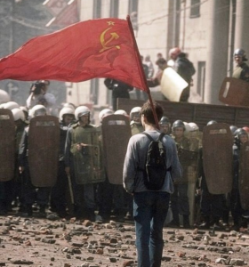 Kid with communist flag in front of riot police Goliath meme template