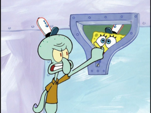 Squidward zipping up Spongebob vs meme template