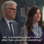 Is everything okay? I mean other than you know, everything? TV meme template blank  TV, The Good Place, Janet, Michael, Ted Danson, Wholesome, Sad, Concerned, Asking