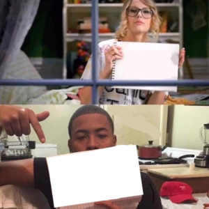 White woman and black man holding sign Woman meme template