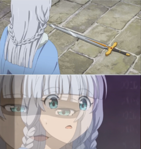 Anime girl looking at sword IRL meme template