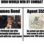 History Memes History, James Bond, Bond, Turn, Skyfall, Popov text: WHO WOULD WIN BY COMBAT James Bond A netlonal soy who constanuy Introduces himself Ms real name Agent 355 An anal m whoso real name Is stlll not known over 200 years later 
