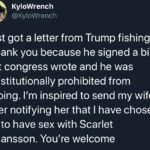 Political Memes Political, Capitalist, Congress text: KyloWrench @KyloWrench I just got a letter from Trump fishing for a thank you because he signed a bill that congress wrote and he was constitutionally prohibited from vetoing. I