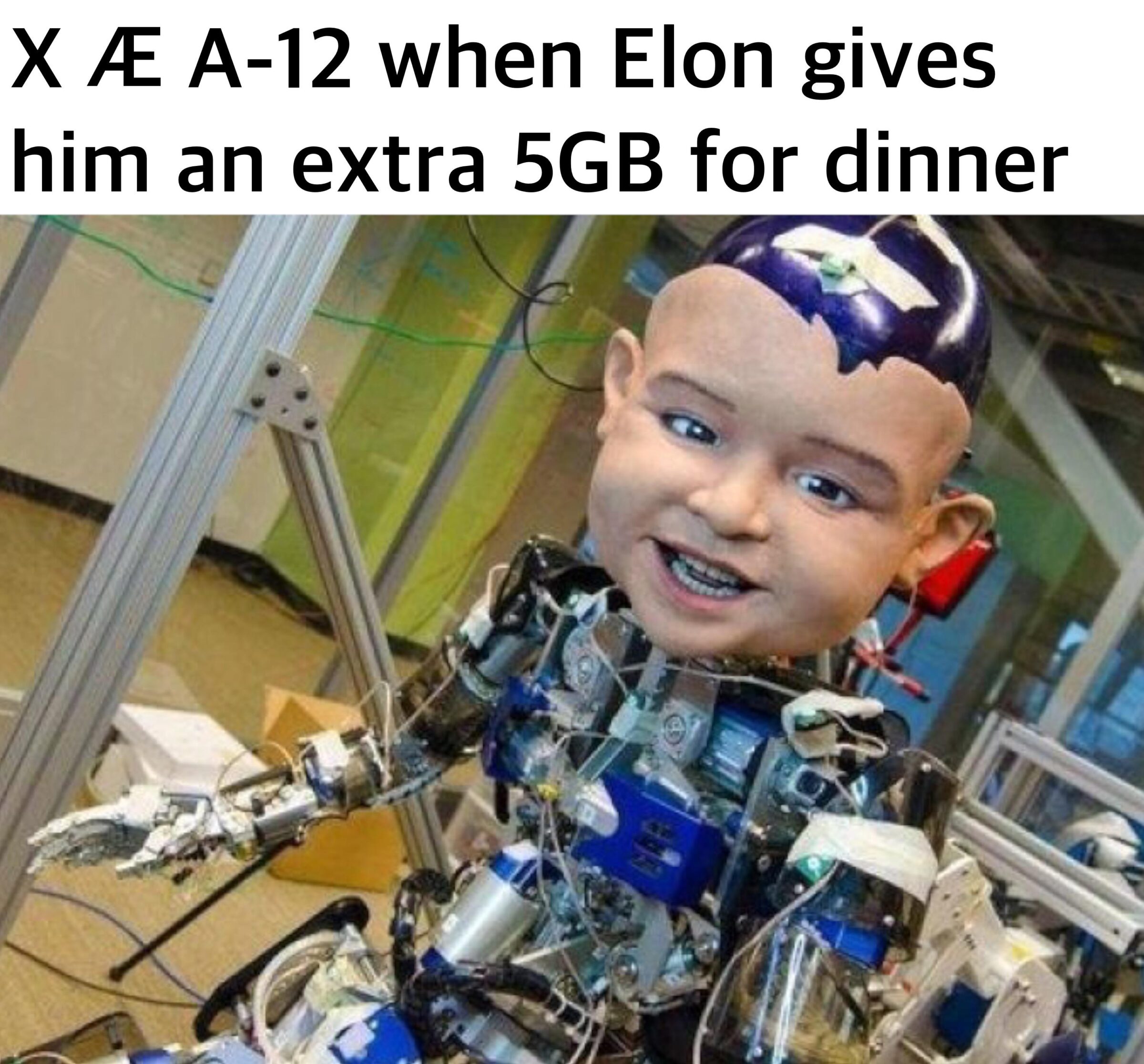 Cute, Elon, Reddit, Kyle, GB Dank Memes Cute, Elon, Reddit, Kyle, GB text: X Æ A-12 when Elon gives him an extra 5GB for dinner 