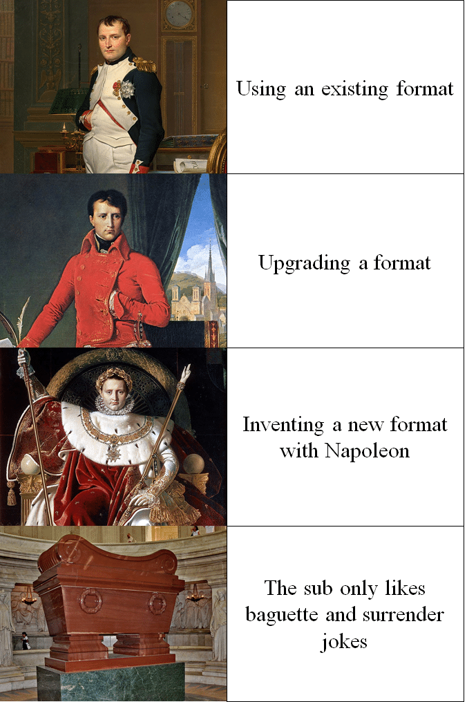 History, France, Napoleon, French, WWII, Iraq History Memes History, France, Napoleon, French, WWII, Iraq text: Using an existing format Upgrading a format Inventing a new format with Napoleon The sub only likes baguette and surrender jokes 