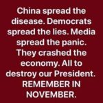boomer memes Political, Illegals text: China spread the disease. Democrats spread the lies. Media spread the panic. They crashed the economy. All to destroy our President. REMEMBER IN NOVEMBER.  Political, Illegals