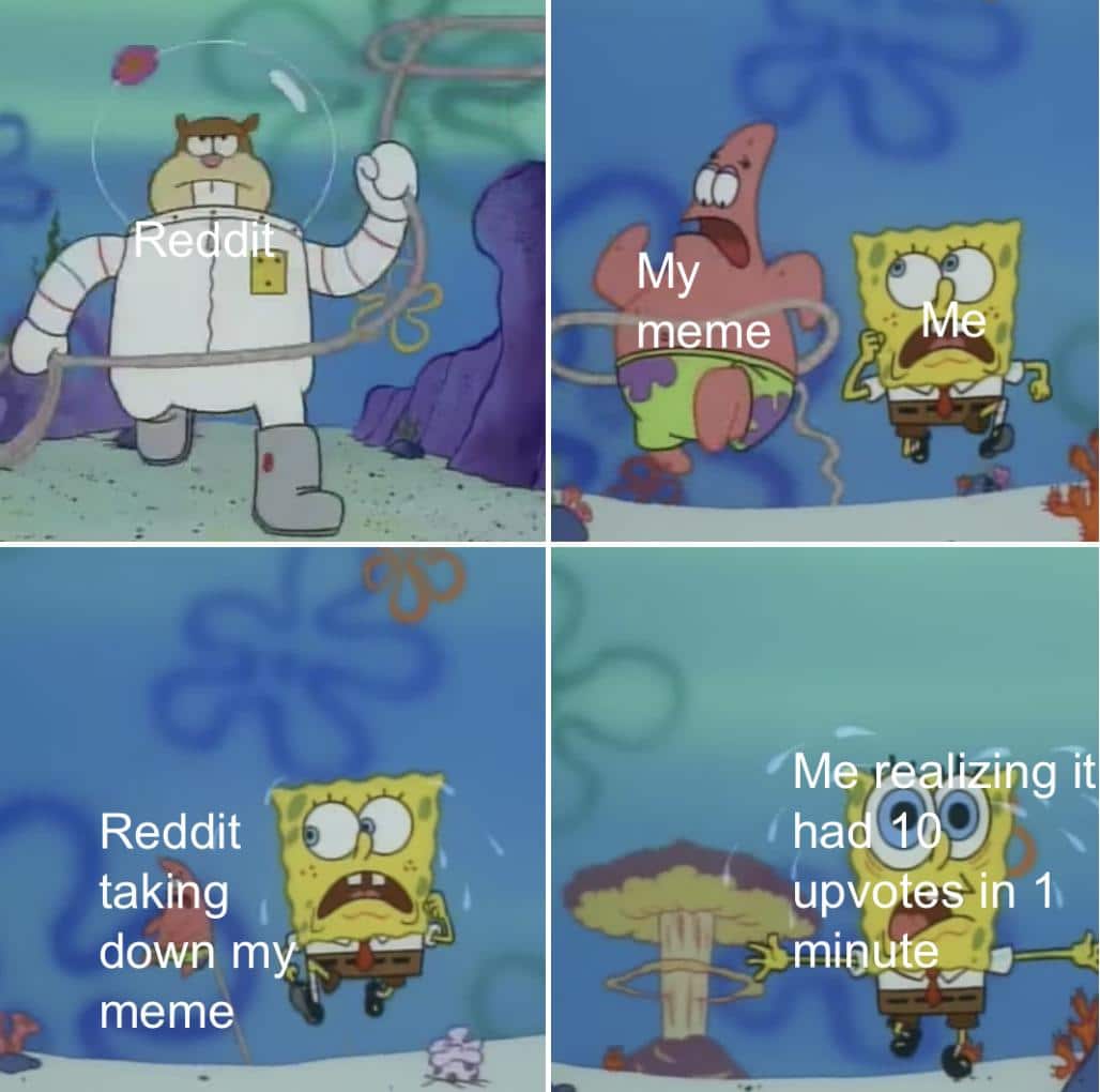 Spongebob,  Spongebob Memes Spongebob,  text: My meme Me hau 1 Ing—it Reddit taking down my—a meme 