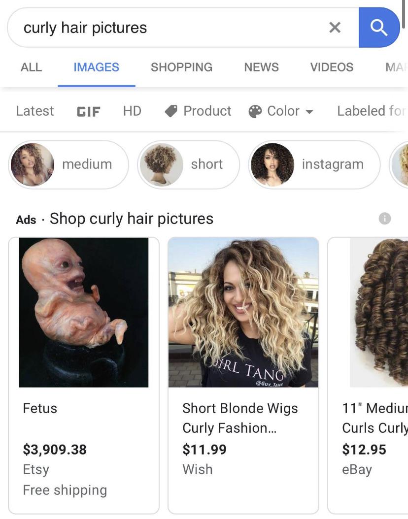 Cringe,  cringe memes Cringe,  text: curly hair pictures IMAGES Q) med um SHOPPING NEWS VIDEOS MA Latest CIF HD e Product Ads • Shop curly hair pictures Color Labeled fo instagram o Fetus $3,909.38 Etsy Free shipping L TAN Short Blonde Wigs Curly Fashion... $11.99 Wish 11