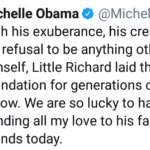 Wholesome Memes Black, Be text: Michelle Obama @Michell... • 53m With his exuberance, his creativity, and his refusal to be anything other than himself, Little Richard laid the foundation for generations of artists to follow. We are so lucky to have had him. Sending all my love to his family and friends today.  Black, Be