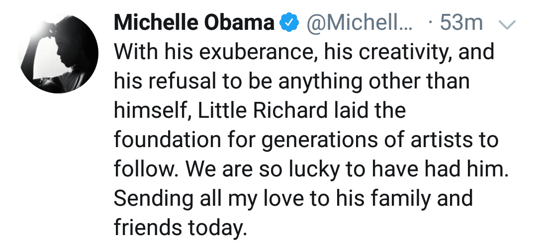 Black, Be Wholesome Memes Black, Be text: Michelle Obama @Michell... • 53m With his exuberance, his creativity, and his refusal to be anything other than himself, Little Richard laid the foundation for generations of artists to follow. We are so lucky to have had him. Sending all my love to his family and friends today. 