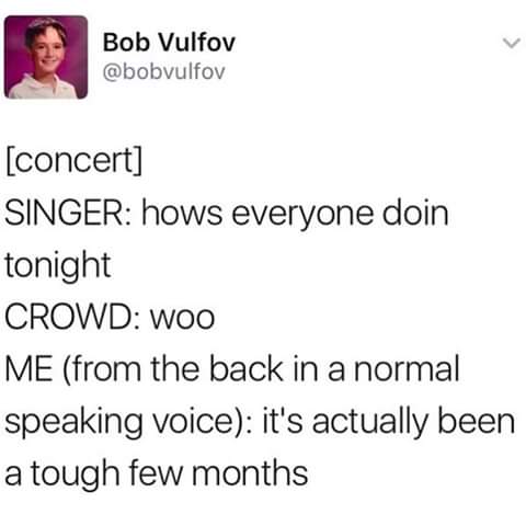 Depression,  depression memes Depression,  text: Bob Vulfov @bobvulfov [concert] SINGER: hows everyone doin tonight CROWD: woo ME (from the back in a normal speaking voice): it's actually been a tough few months 