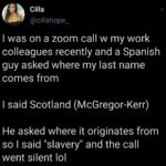 Black Twitter Memes Tweets, Irish, African, Spanish, Spain, European text: Cilia @cillahope_ I was on a zoom call w my work colleagues recently and a Spanish guy asked where my last name comes from I said Scotland (McGregor-Kerr) He asked where it originates from so I said "slavery" and the call went silent lol 
