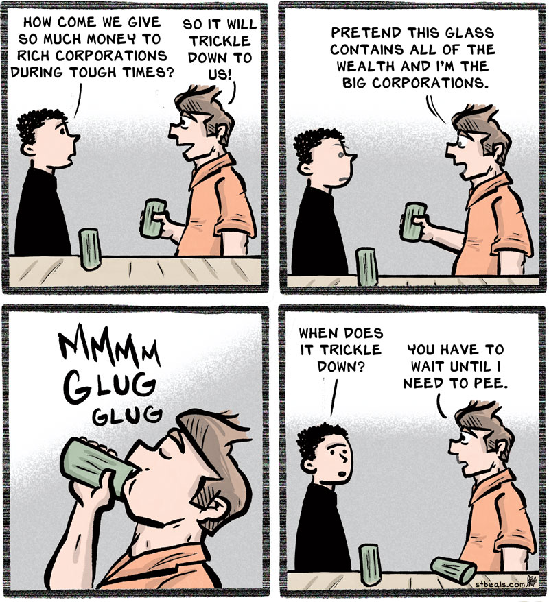 Trickle, Trickle Comics Trickle, Trickle text: HOW COME WE GIVE SO IT WILL SO MUCH MONEY TO TRICKLE RICH CORPORATIONS DOWN TO DURING TOUGH TIMES? PRETEND THIS GLASS CONTAINS ALL OF THE WEALTH AND I'M THE BIG CORPORATIONS. WHEN POES IT TRICKLE DOWN? you HAVE TO WAIT UNTIL 1 NEED TO PEE. 