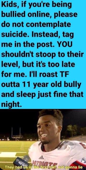 Funny, Majorbrawl1, Cape other memes Funny, Majorbrawl1, Cape text: Kids, if you're being bullied online, please do not contemplate suicide. Instead, tag me in the post. YOU shouldn't stoop to their level, but it's too late for me. I'll roast TF outta 11 year old bully and sleep just fine that night. They 'yd i f riot. apnna lie 