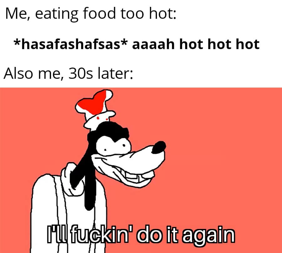 Funny, Wait, Goofy other memes Funny, Wait, Goofy text: Me, eating food too hot: *hasafashafsas* aaaah hot hot hot Also me, 30s later: I'll fuckin' do it again 