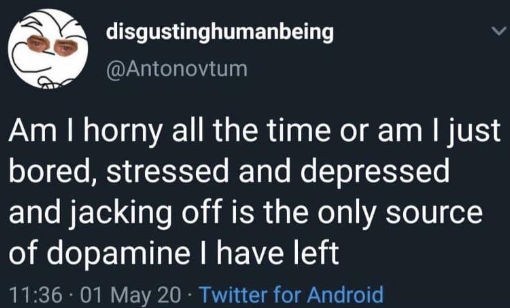 Depression, NoFap depression memes Depression, NoFap text: disgustinghumanbeing @Antonovtum Am I horny all the time or am I just bored, stressed and depressed and jacking off is the only source of dopamine I have left 11 • 01 May 20 • Twitter for Android 