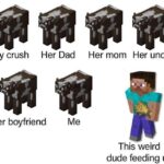 minecraft memes Minecraft, Cow text: My crush Her Dad Her mom Her uncle This weird dude feeding us  Minecraft, Cow