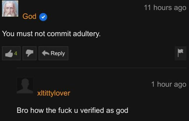 History, God, Pornhub, PornHub History Memes History, God, Pornhub, PornHub text: God You must not commit adultery. 44 e, Reply xltittylover Bro how the fuck u verified as god 11 hours ago 1 hour ago 