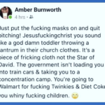 Political Memes Political, Covid, Nazis, Walmart text: Amber Burnworth 0 4 hrs Just put the fucking masks on and quit bitching! Jesusfuckingchrist you sound like a god damn toddler throwing a tantrum in their church clothes. It