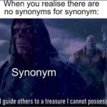 Avengers Memes Thanos, Metonym text: When you realise there are no synonyms for synonym: Synonym I guide others to a treasure I cannot possess  Thanos, Metonym