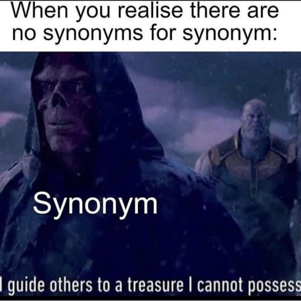 Thanos, Metonym Avengers Memes Thanos, Metonym text: When you realise there are no synonyms for synonym: Synonym I guide others to a treasure I cannot possess 