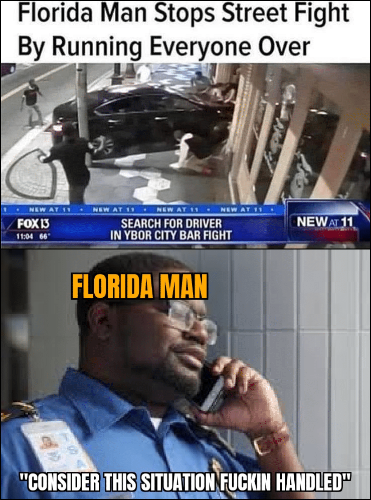 Funny, Florida, TSA, GTA, Adana other memes Funny, Florida, TSA, GTA, Adana text: Florida Man Stops Street Fight By Running Everyone Over FOX 13 It:oa W SEARCH FOR DRIVER IN YBOR CITY BAR FIGHT FLORIDA MAN NEW_ty11 