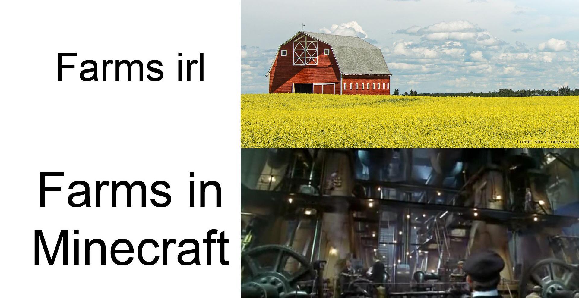 Minecraft, Imango minecraft memes Minecraft, Imango text: Farms irl Farms in Minecraft Credit: -istock.com/wwing 