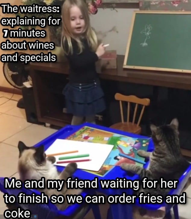 Dank, Visit, Negative, Feedback, False Negative, False other memes Dank, Visit, Negative, Feedback, False Negative, False text: Theyaitress: explaining for\ 7 minutes about wines and specials Me and my friend waiting for her to finish so we can order fries and coke 