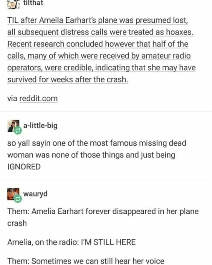 Women, Earhart, WP, Men, Amelia Earhart feminine memes Women, Earhart, WP, Men, Amelia Earhart text: tilthat TIL after Ameila Earhart's plane was presumed lost, all subsequent distress calls were treated as hoaxes. Recent research concluded however that half of the calls, many of which were received by amateur radio operators, were credible, indicating that she may have survived for weeks after the crash. via reddit.com a-little-big so yall sayin one of the most famous missing dead woman was none of those things and just being IGNORED wauryd Them: Amelia Earhart forever disappeared in her plane crash Amelia, on the radio: I'M STILL HERE Them: Sometimes we can still hear her voice 