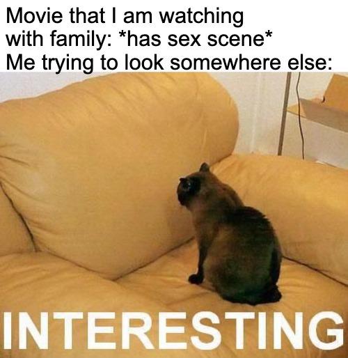 Funny, TV, True, Mom, Dad other memes Funny, TV, True, Mom, Dad text: Movie that I am watching with family: *has sex scene* Me trying to look somewhere else: INTERESTING 