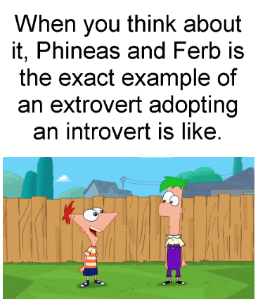 Funny, Ferb, Phineas other memes Funny, Ferb, Phineas text: When you think about it, Phineas and Ferb is the exact example of an extrovert adopting an introvert is like. 