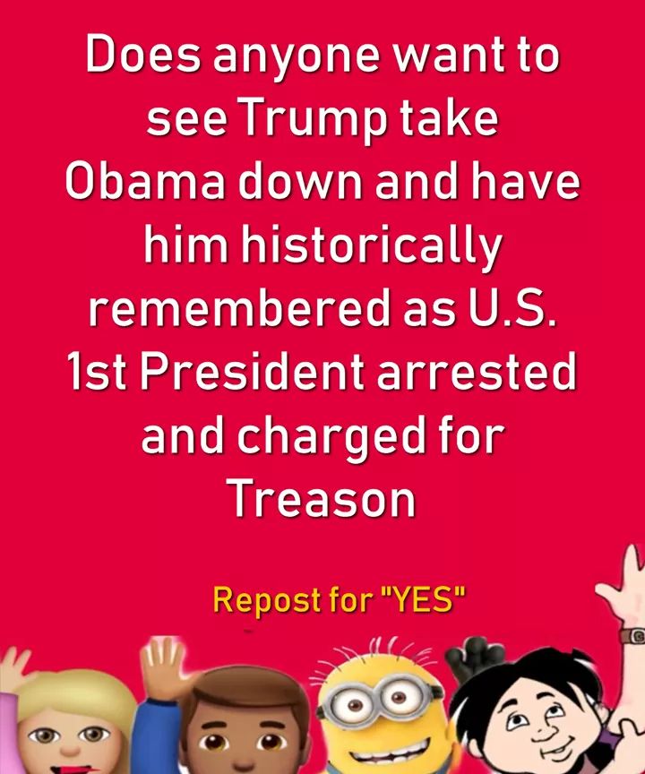 Political, Trump, Investigating boomer memes Political, Trump, Investigating text: Does anyone want to see Trump take Obama down and have him historically remembered as U.S. 1st President arrested and charged for Treason Repost for 