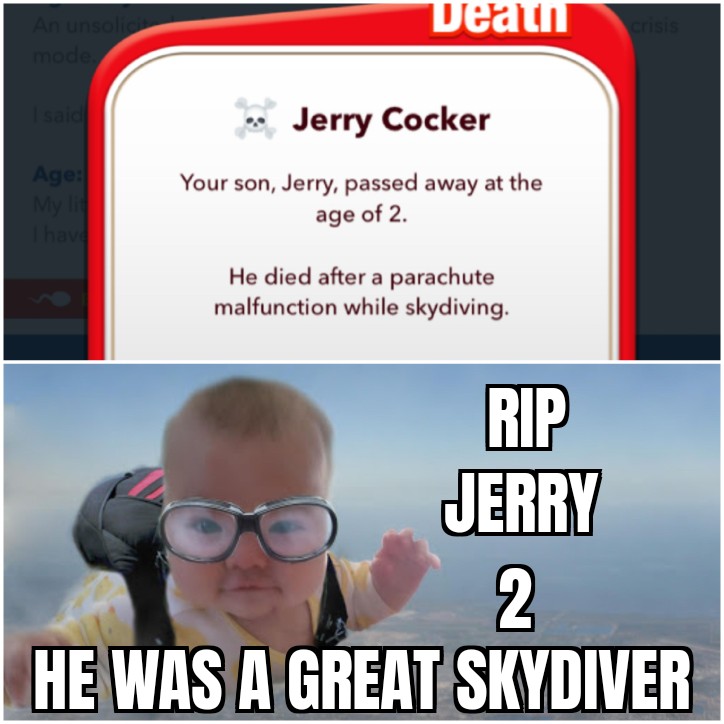 Funny, Jerry, BitLife, Cocker, Somebody, HIV other memes Funny, Jerry, BitLife, Cocker, Somebody, HIV text: Jerry Cocker Your son, Jerry, passed away at the age of 2. He died after a parachute malfunction while skydiving. JERRY HE WAS A GREAT SKYDIVER 