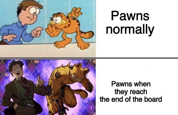 Dank, Garfield, PM, Queen, Jon, Stand Dank Memes Dank, Garfield, PM, Queen, Jon, Stand text: Pawns normally Pawns when they reach the end of the board 