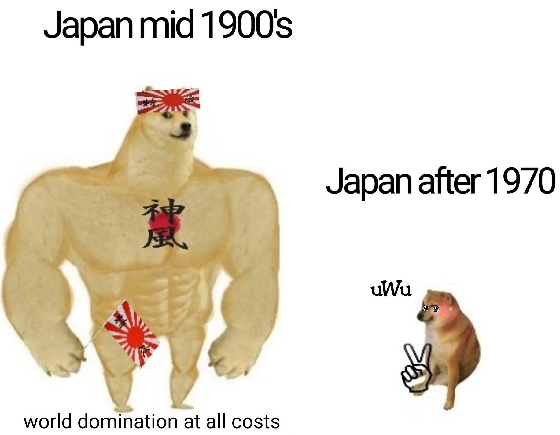 Dank, Japan, Zoomers, Japanese, America, World War Dank Memes Dank, Japan, Zoomers, Japanese, America, World War text: Japan mid 19001s Japan after 1970 uwu world domination at all costs 